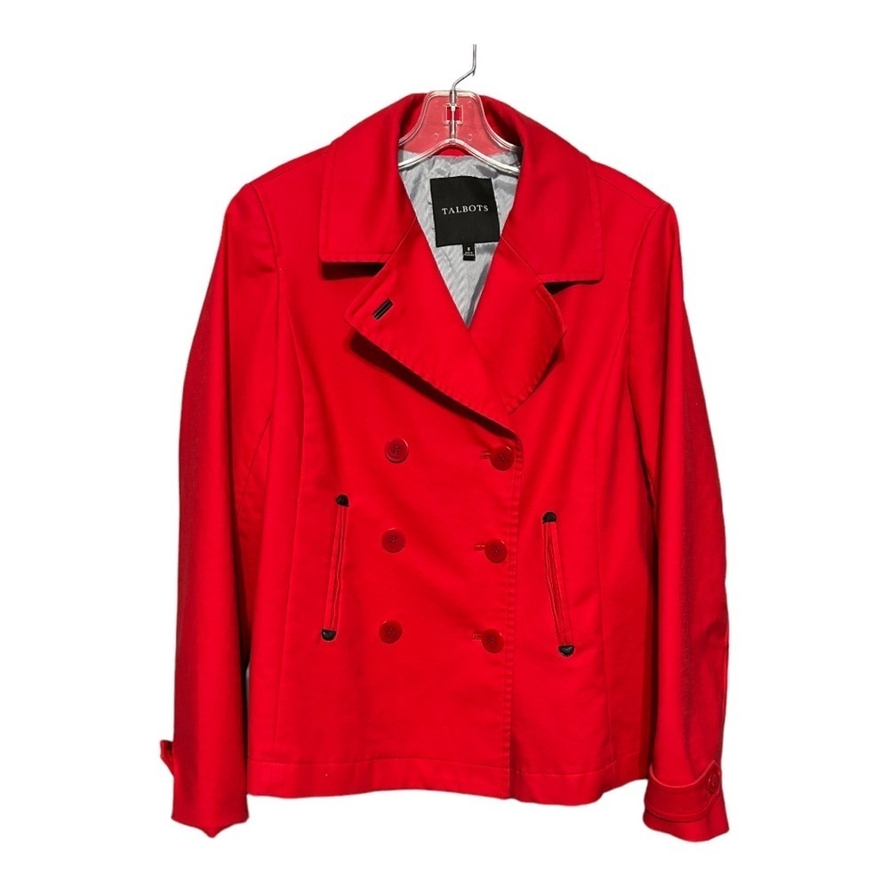 Talbots Classic Red Double-Breasted Trench Coat Large Lined Nautical Buttons 8